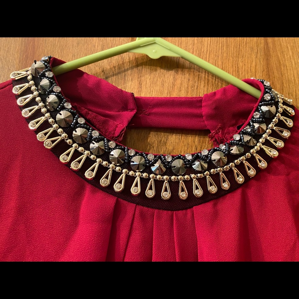 Long sleeve rayon shirt with beaded collar